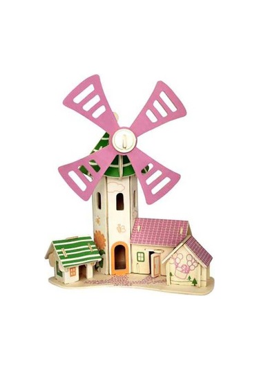 3D Puzzle Maket 54 Parça Ahşap Pembe Yel Değirmeni