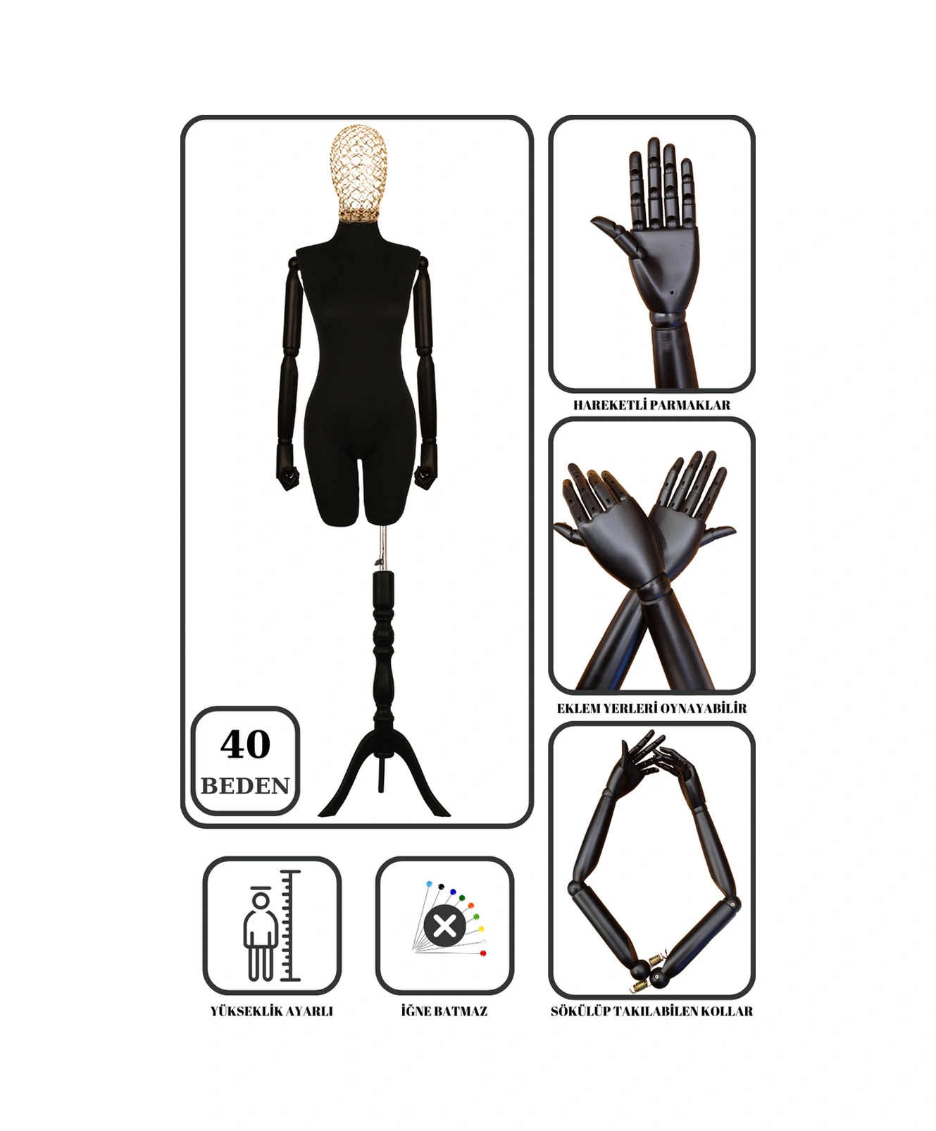 40 Beden Yüksek Kalite Tel Kafalı Ahşap Kollu Pantolon Giyebilen Terzi Mankeni 2008