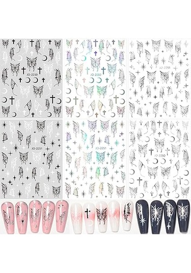 Siyah Beyaz Gümüş Haç Yıldız Ay Kelebekler Tırnak Sanatı Çıkartmaları Folyo B