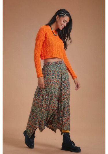 Etnik Desenli Biye Detaylı Asimetrik Kesimli Etek Yeşil