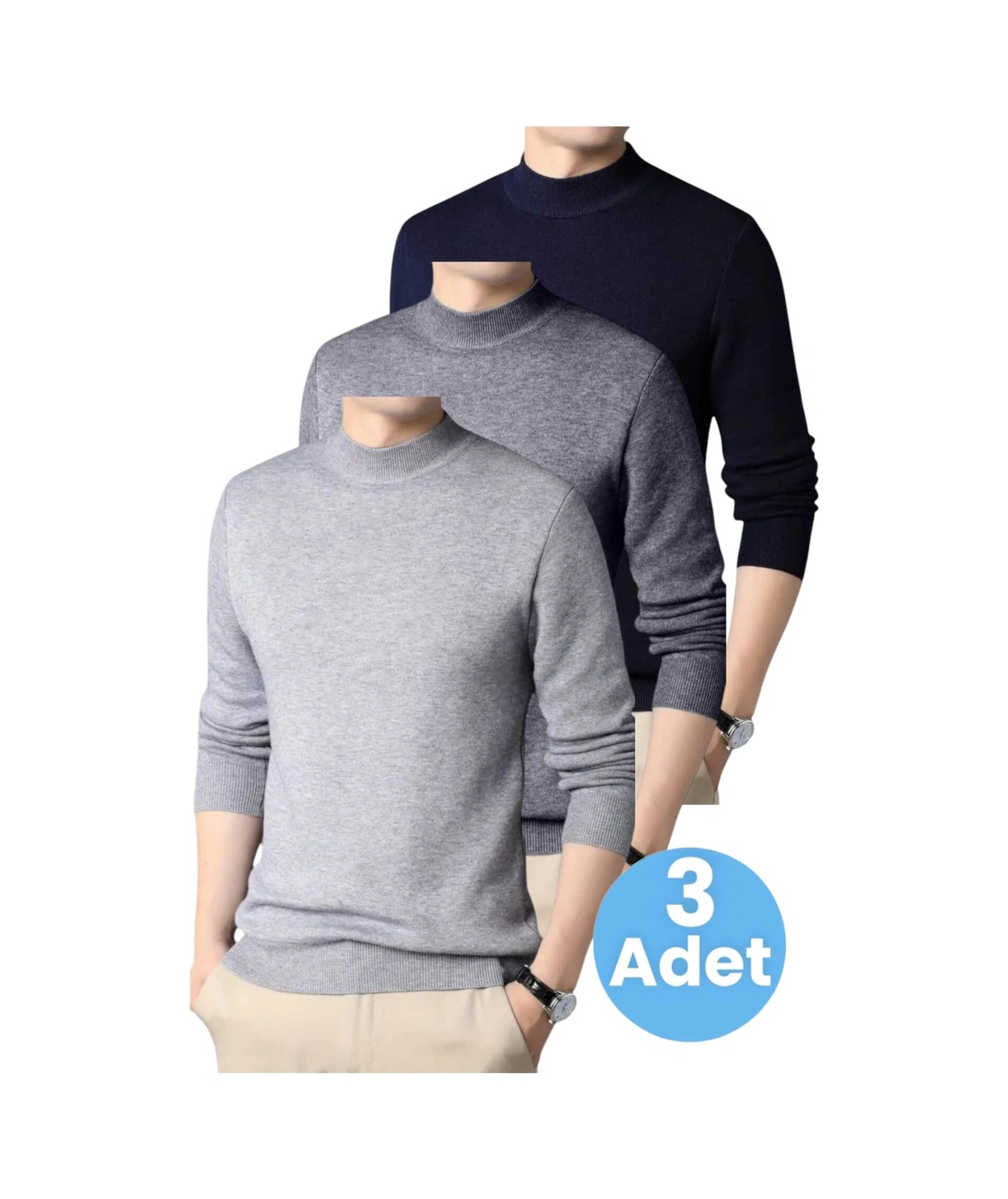 Tezzgelsin 3'lü Erkek Tüylenmeyen Yarım Boğazlı Triko Kazak Yarım Balıkçı Triko Kazak Gri - Füme - Lacivert