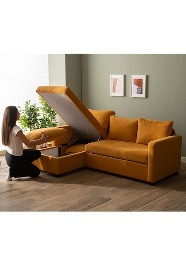 Pafu Kado Yataklı Köşe Koltuk Takımı - Bohem Hardal Hardal