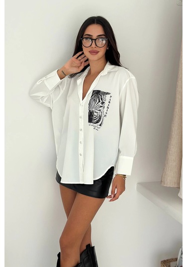Zebra Desen Baskılı Taşlı Gömlek Beyaz