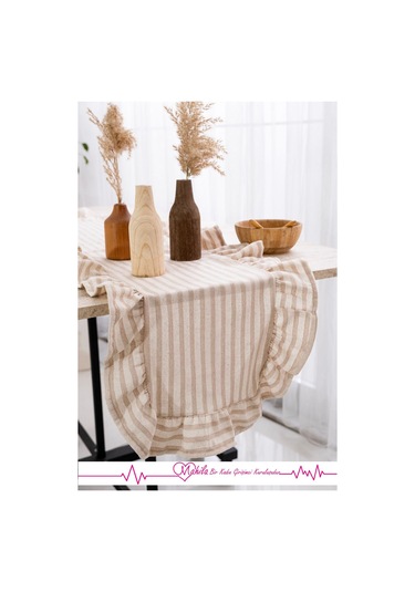 Bej Çizgili 40x125 Şık Tasarım Ekstra Büyük Fırfırlı Runner, %100 Keten Runner Bej