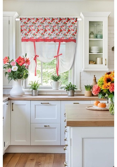 Naturel Potlu Tül Perde Spring Fırfırlı Çiçek Kırmızı