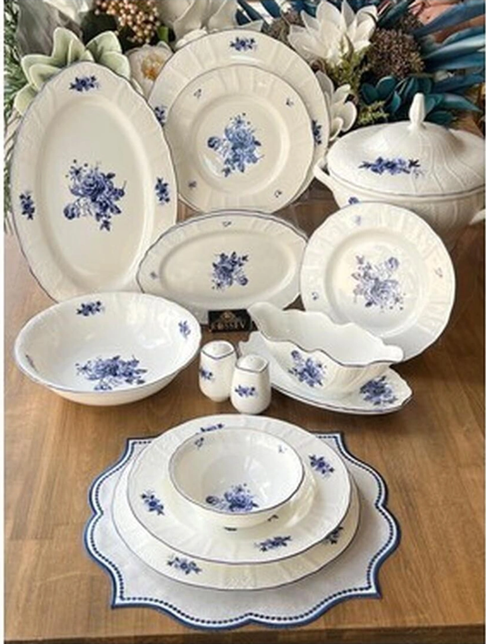 Rossev Yemek Takımı Blue Garden 62 Parça 12 Kişilik Süt Beyazı