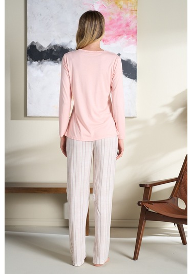 Kadın Büyük Beden Penye Uzun Kol Pijama Takımı 3195 Pudra Pudra