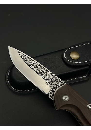 Böhler N690 Çelik Gravürlü Klipsli Çakı Kahverengi