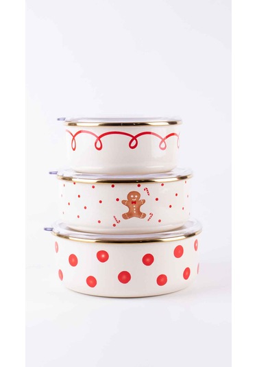 Merry Yılbaşı Özel Emaye Üçlü Saklama Kabı Seti Krem