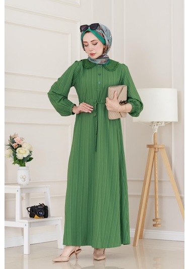 Yakası Güpür Nova Elbise-yeşil-5033 Yeşil