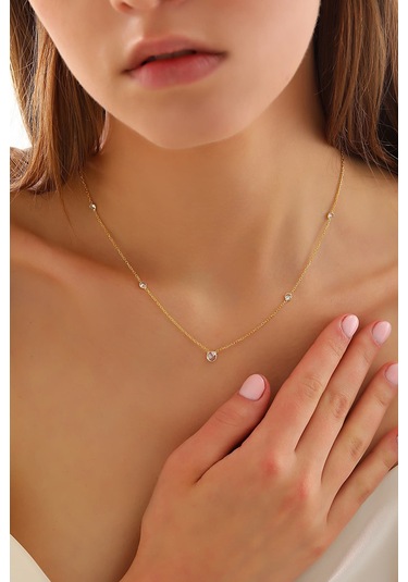 Queen Silver Jewelry 925 Ayar Gümüş Zirkon Taş Forse Zincirli Kolye Altın