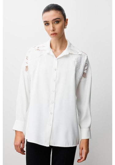 Moda İlgi Kadın Nakış Detaylı Oversize Gömlek 0095 Ekru Ekru