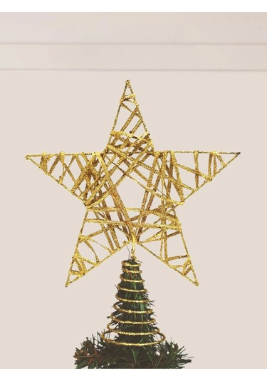 Yılbaşı Ağaç Tepeliği Çam Ağacı Tel Simli Yıldız Tepelik Gold 26 Cm 5 Köşeli Yıldız