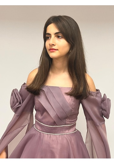 Kız Çocuk Abiye Lila Uzun Askılı Kolları Çıkabilen Pelerinli Şifon Abiye Elbise 10-15 Yaş Lila