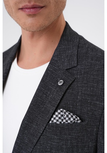 Comfort Fit Mono Yaka Çift Yırtmaç Torba Cep Casual Siyah Ceket C 701 Siyah