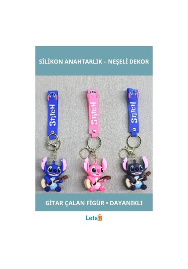 Eğlenceli Stitch Silikon Anahtarlık Gitar Çalan Figürlü Çok Renkli