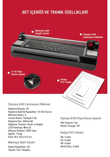Olympia A340 3 In 1 A3 Laminasyon Makinesi + 15 PVC Filmi