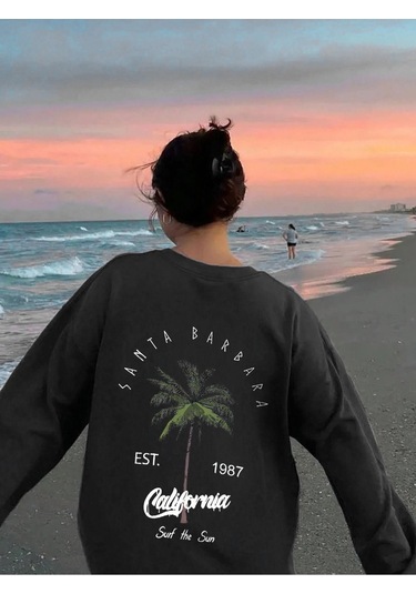 Santa Barbara Kışlık Kalın Sweatshirt - Siyah Baskılı Oversize Kalın Kışlık Bisiklet Yaka Siyah