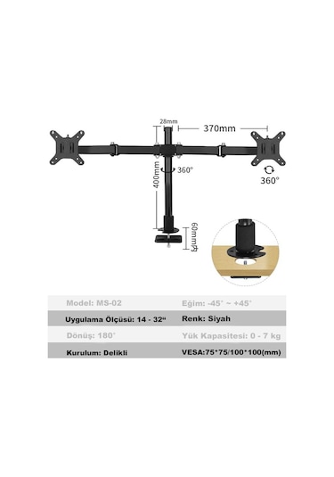 Dailytech Masaüstü Ayarlanabilir 14-32” Çift Kol Monitör Tutucu