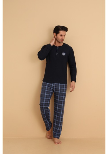 Flkn 7015 İnterlok Kışlık Ekose Pijamalı Erkek Pijama Takımı Lacivert