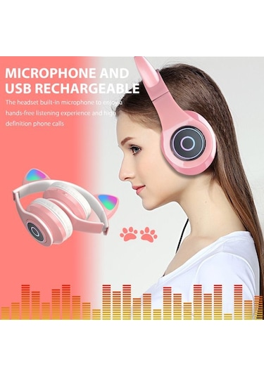 Geeroyoo Pembe Kedi Kulaklıklı Bluetooth 5.0 Kulaklık, Rgb Led Işıklı, Kablosuz/kablolu, Tf Kart Ve Fm Desteği, Hi-fi Stereo, Katlanabilir, Mikrofonlu
