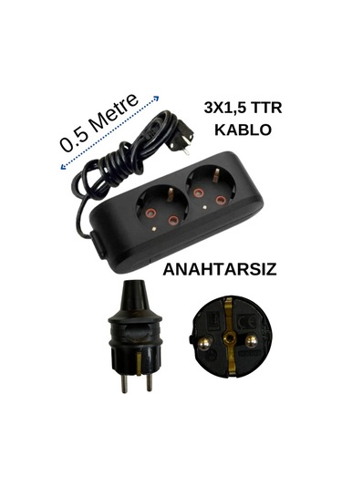 Avarson 2'li İkili Priz Topraklı Kablolu Siyah 3x1,5 Ttr 0,5 Yarım Metre