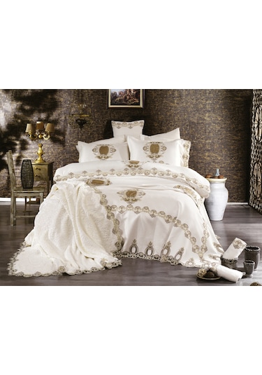 Finezza Hale Lüks Güpürlü Poly/Pamuk Kumaş Krem Çeyiz Seti 12 Par Krem