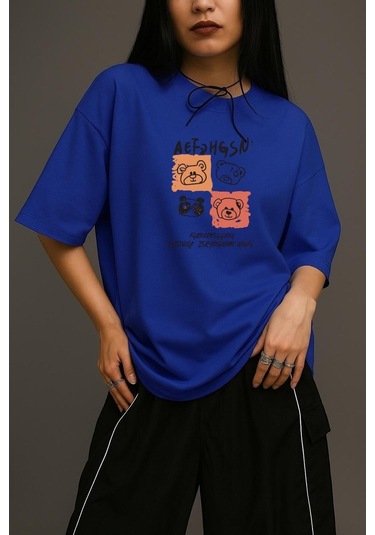 Ayıcık Baskılı Unisex Oversize Tişört Saks Mavisi