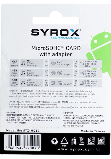Syrox MC64 64 GB Micro SD Card Class 10 Hafıza Kartı Ve Adaptörü