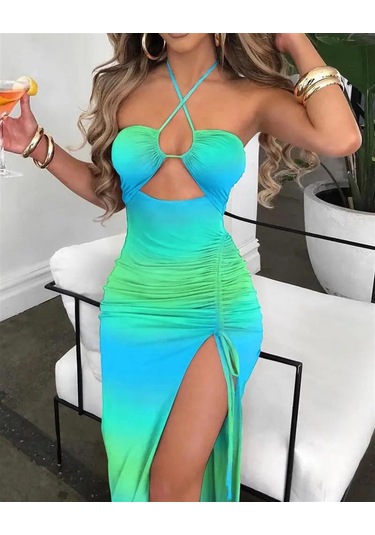 Degrade Desen Derin Yırtmaçlı Göğüs Dekolteli Sandy Kumaş Midi Elbise