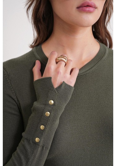 6736 Kadın Bisiklet Yaka Kolu Droplu Triko Kazak Haki Haki