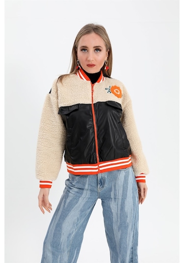 Beli Lastikli Nakışlı Derili Peluş Ceket Mont - Siyah-siyah Siyah