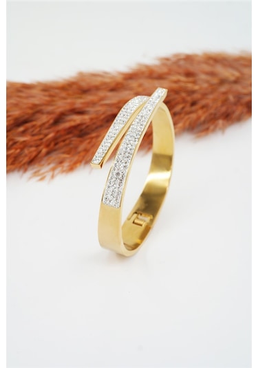 Kadın 316 L Paslanmaz Çelik Anti Alerjenik Zirkon Taşlı Bileklik -3503 Altın