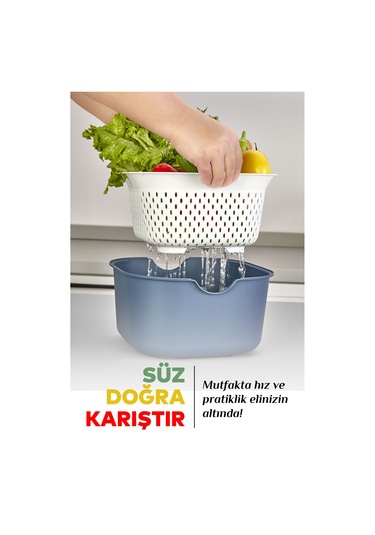 9'lu Mutfak Hazırlık Seti - Standlı Kulplu Kesme Tahtası Karıştırma Kabı Kase Süzgeç Limon Sıkacağı Mavi