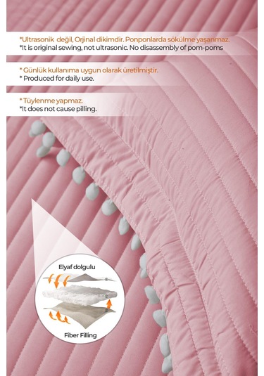 Evlen Home Collection Ponponlu Çift Kişilik %100 Pamuk Yatak Örtüsü Pike Takımı Pudra
