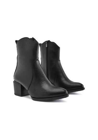 Hakiki Deri Siyah Renk Fermuarlı Kalın Topuk Sivri Burun Kadın Bot Siyah