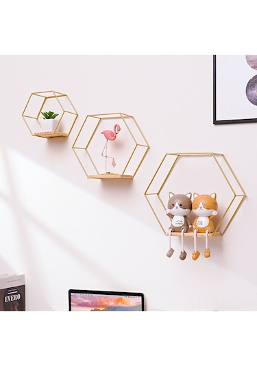 Ranyeek Altın Orta Boy Altıgen Duvar Rafı - Ev Dekorasyonu İçin Pratik Duvarlı Depolama Ve Dekoratif Seyir Rafı Altın