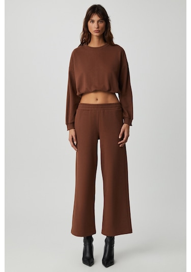 Dewanna  Kadın Uzun Kollu Crop Acı Kahve Eşofman Takımı