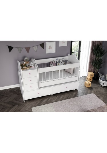 Angel Beşik Büyüyebilen Pembe Kulplu Komidinli Beyaz