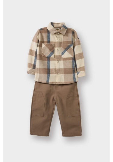 Defacto Erkek Bebek 2li Takım Kareli Flanel Gömlek Pantolon G3226a525wner118 Ekru-er118