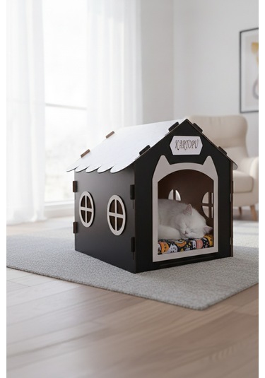 Ahşap Özel İsim Baskılı Dekoratif Kedi Evi-kulübesi, Kediler İçin Kulübe, Kedi Kulübesi Siyah