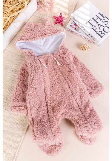 Kapüşonlu Ayıcık Fiğürlü Welsoft Peluş Kışlık Kız/erkek Bebek Tulum Gülkurusu