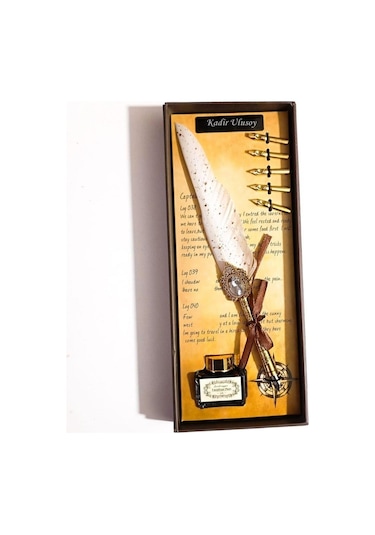 Kişiye Özel Retro Tüylü Divit Kalem Seti - Özel Kutulu Yazı Kalemi Ve Mürekkep Seti 606