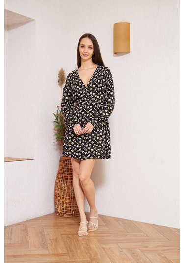 Siyah Çiçek Desenli Elbise Dm1025