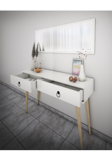 Bicabin Elegance Asia 2 Çekmeceli Ahşap Ayaklı Aynalı  Dresuar Beyaz