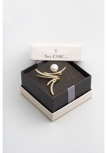 Liora İnci 18 Ayar Sarı Altın Kaplama Gümüş Broş Sarı