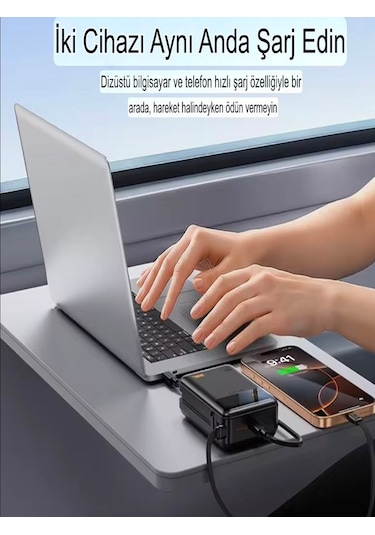 20000mah 65w Hızlı Şarj Dijital Göstergeli Type-c Kablolu/girişli Askılı Powerbank - Siyah siyah