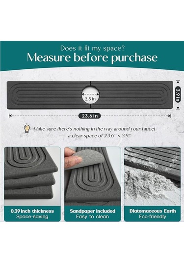 Symbee Diyatom Toprak Lavabo Su Emici Pad - Hızlı Kuruyan Mutfak/banyo Tezgahı Koruyucu - Koyu Gri 40x10cm Koyu Gri