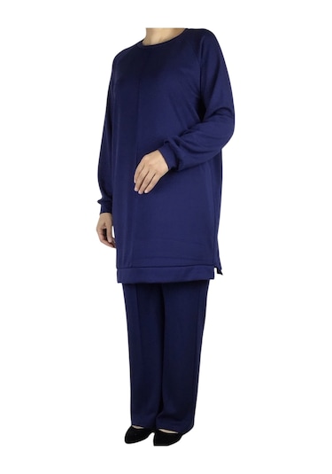 Kadın Tunik Önü Dikişli Altı Bantlı Pantolon Beli Lastikli Önü Dikişli İkili Takım Lacivert