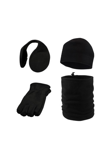 Kışlık Polar Parmaksız Eldiven Bere Boyunluk Kulaklık 4'lü Set Siyah